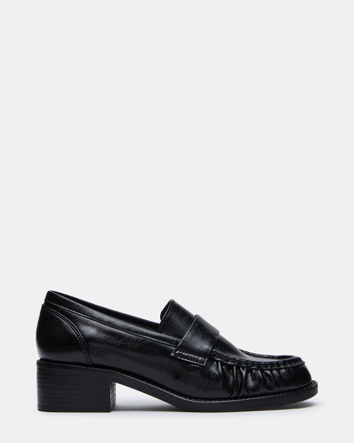 ALTMAN Black Leather Scrunched Block Heel Women's Loafer | Steve Madden
