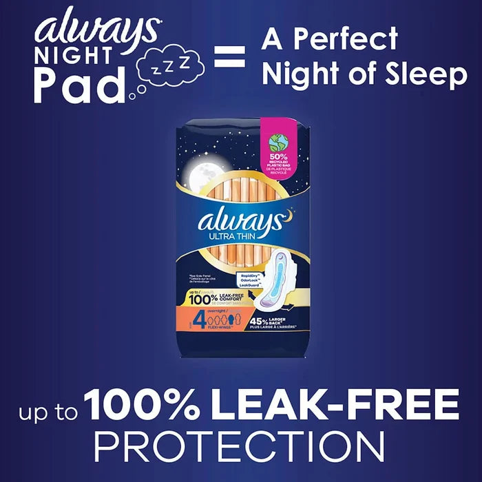 Always Ultra Thin Size 4 Overnight Pads With Wings, Unscented - 03700099089-Pack - LL Medico