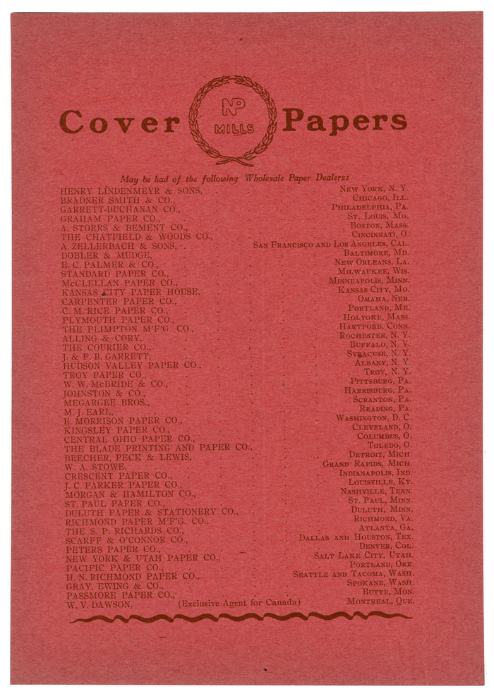Antique Niagara Paper Mills Sample Printing Advertisement, List of Paper Dealers