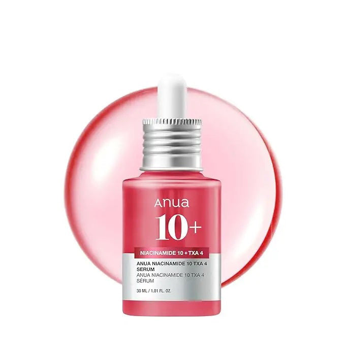 The GLOWISS ANUA serum features a pink liquid dropper with 10% Niacinamide for clear skin, Hyaluronic and Polyglutamic Acid for hydration, Ceramide to support the moisture barrier, and is fragrance-free. This "Powerful Trio" is designed for radiant skin.