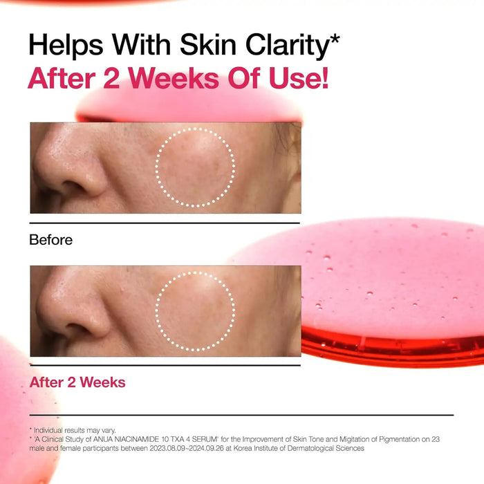 The GLOWISS ANUA serum features a pink liquid dropper with 10% Niacinamide for clear skin, Hyaluronic and Polyglutamic Acid for hydration, Ceramide to support the moisture barrier, and is fragrance-free. This "Powerful Trio" is designed for radiant skin.