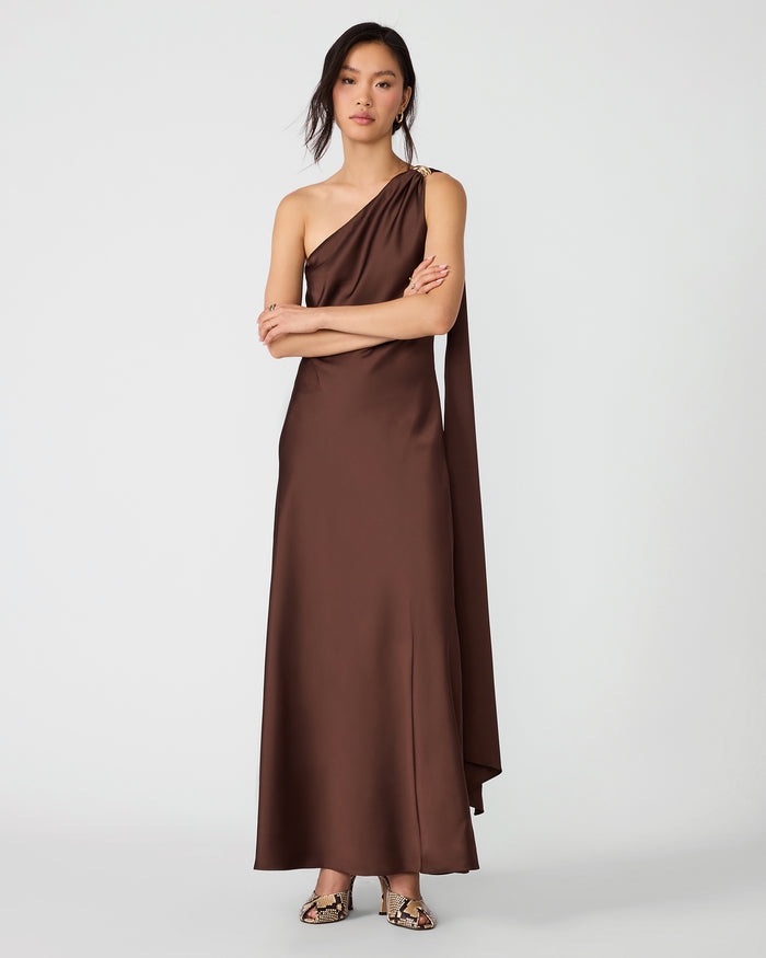 AURORAH Shaved Chocolate One-Shoulder Scarf Drape Women's Maxi Dress | Steve Madden