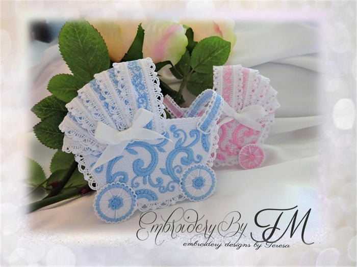 Baby carriage / 5x7 hoop / a combination of felt and lace