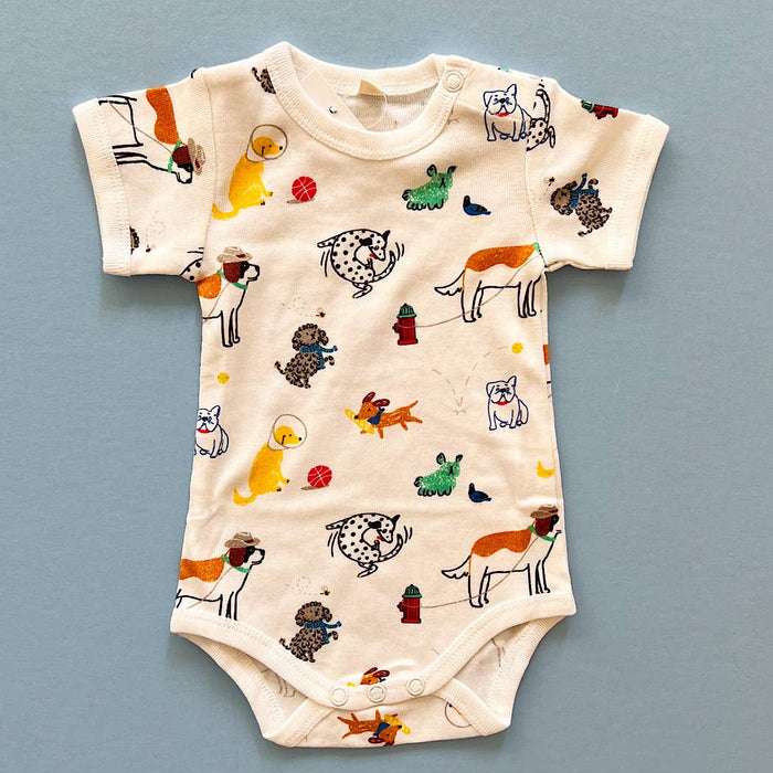 Baby Onesie, All-Over Dogs Print- Fall Organic Clothing: 12-18M