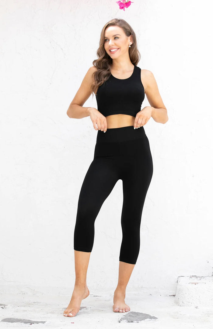 Bamboo 3" Band High Waisted Capri - Black