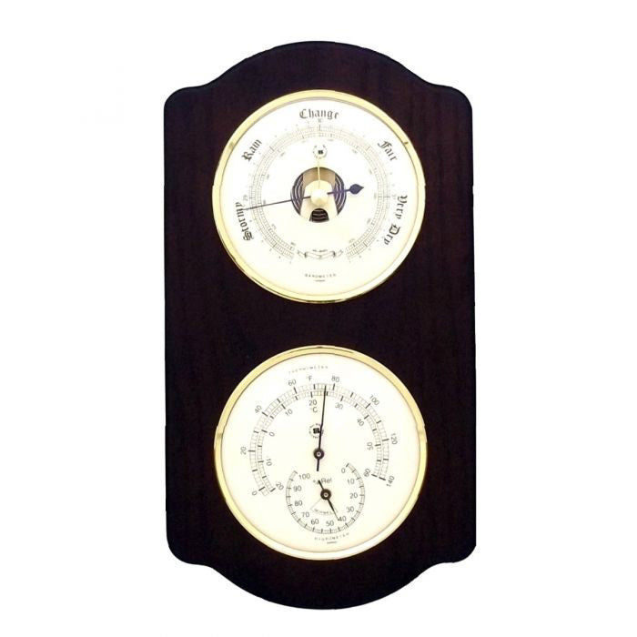 The BEYBERK INTERNATIONAL BAROMETER AND THERMOMETER WITH HYGROMETER is a vintage wall-mounted weather station with a dark wood finish, featuring barometer, thermometer (Celsius & Fahrenheit), and hygrometer dials.
