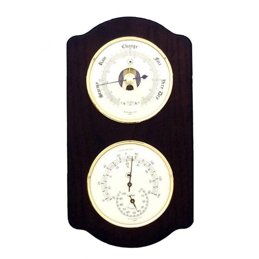 The BEYBERK INTERNATIONAL BAROMETER AND THERMOMETER WITH HYGROMETER is a vintage wall-mounted weather station with a dark wood finish, featuring barometer, thermometer (Celsius & Fahrenheit), and hygrometer dials.