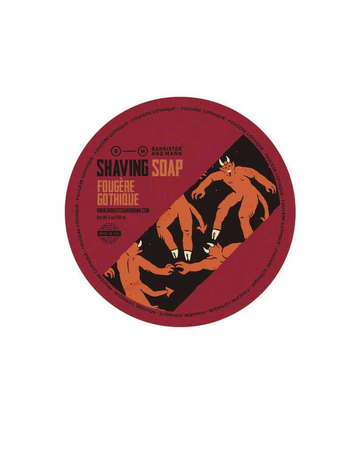 Barrister and Mann Fougere Gothique shaving soap label with devil illustration