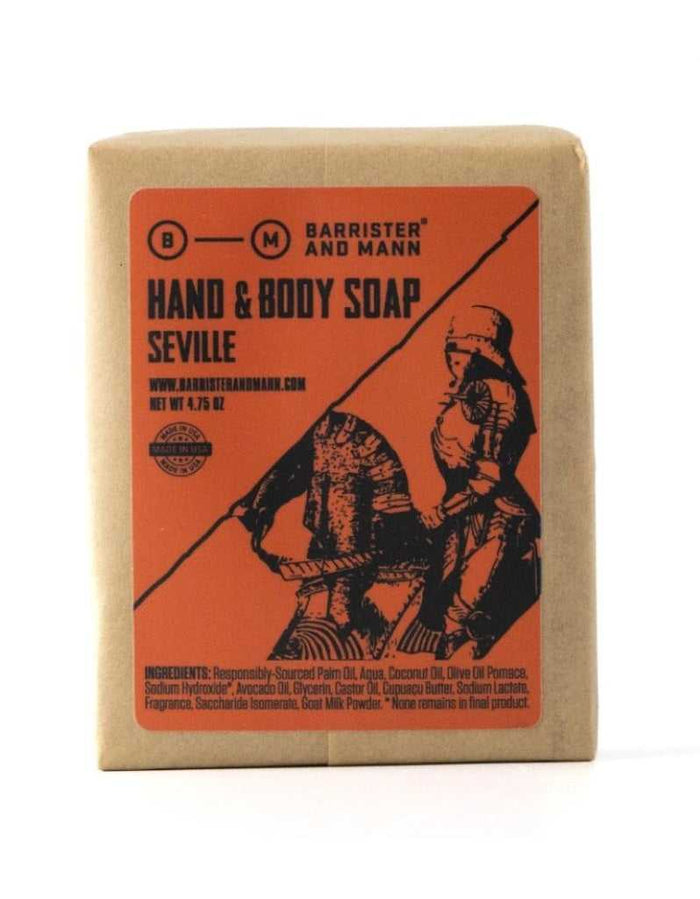 Barrister and Mann Seville hand and body soap packaging with vintage illustration