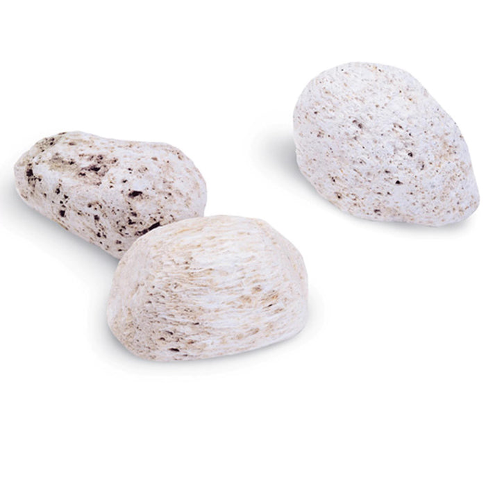 Three BAUDELAIRE pumice stones from BAUDELAIRE, featuring a rough, porous white texture with dark specks, are arranged on a white background—ideal for exfoliating calloused skin.