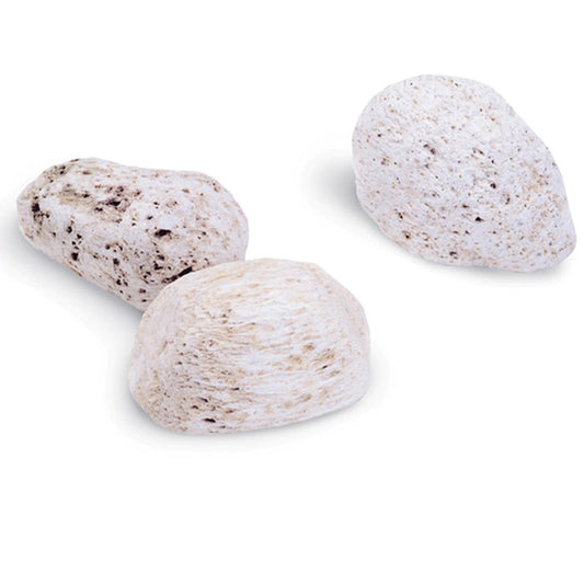 Three BAUDELAIRE pumice stones from BAUDELAIRE, featuring a rough, porous white texture with dark specks, are arranged on a white background—ideal for exfoliating calloused skin.