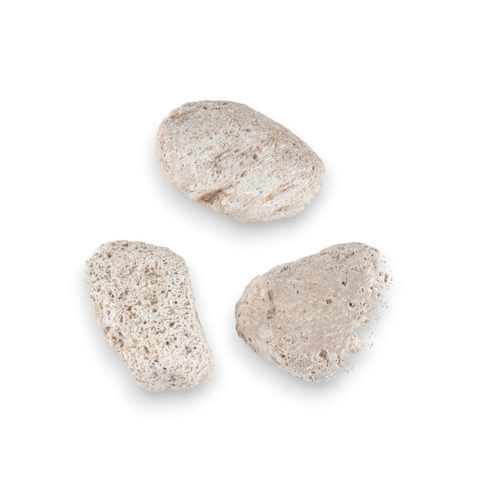 Three BAUDELAIRE pumice stones from BAUDELAIRE, featuring a rough, porous white texture with dark specks, are arranged on a white background—ideal for exfoliating calloused skin.