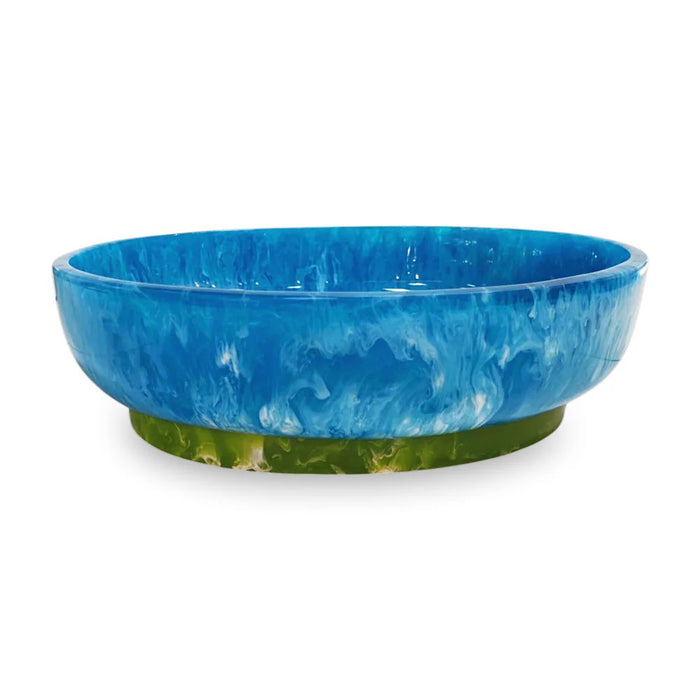 The BEATRIZ BALL RIO Oval Bowl with Base features a glossy, pink marbled finish and a contrasting tan base, displayed against a white background.