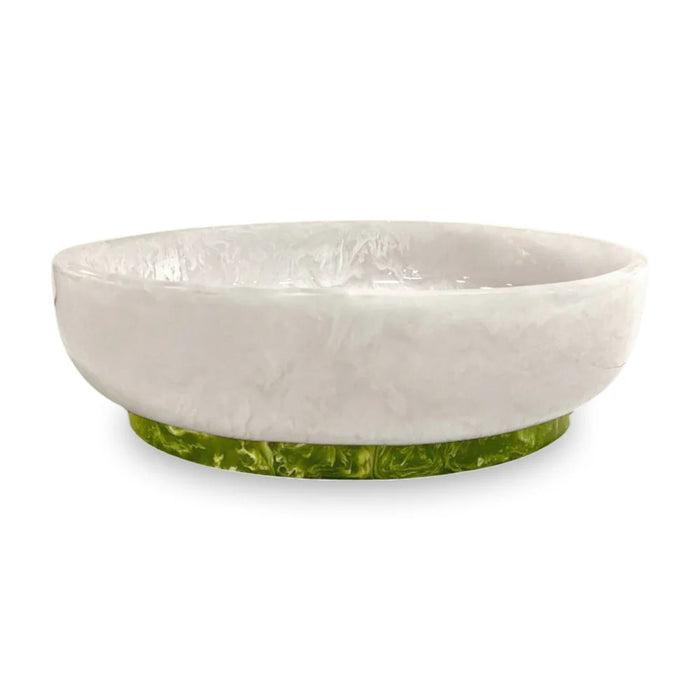 The BEATRIZ BALL RIO Oval Bowl with Base features a glossy, pink marbled finish and a contrasting tan base, displayed against a white background.