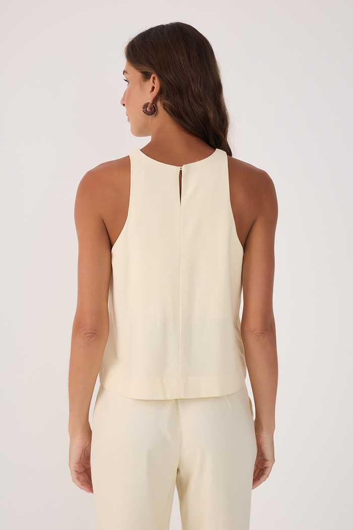 Beige Crew Neck Sleeveless Linen Blouse_4