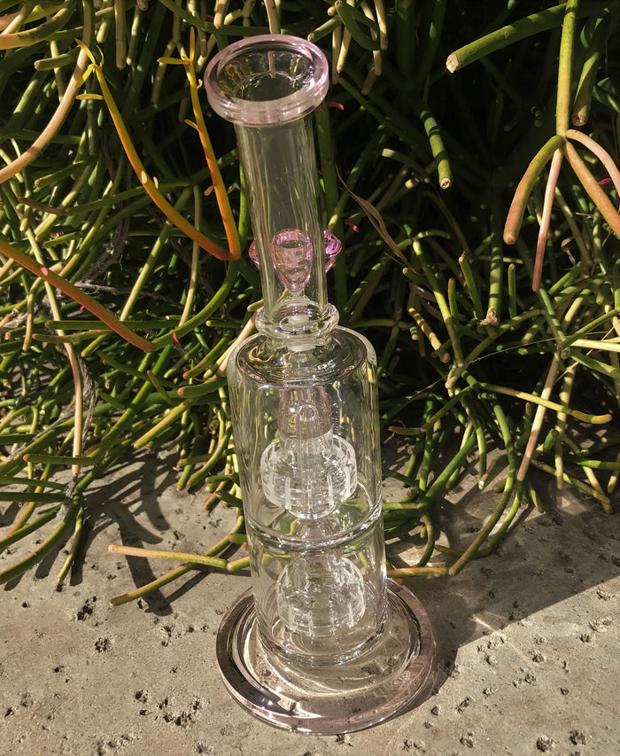 Best 11" Thick Glass Double Shower & Dome Perc Rig & Pink Glass Diamond Bowl - Bubble Gum