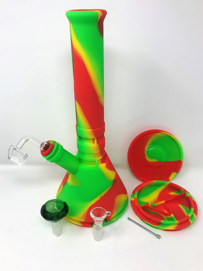 Best 12" Unbreakable Thick Silicone Beaker Bong w/Quartz Banger, Tool & 2 - Bowls Rasta Set - Last One!