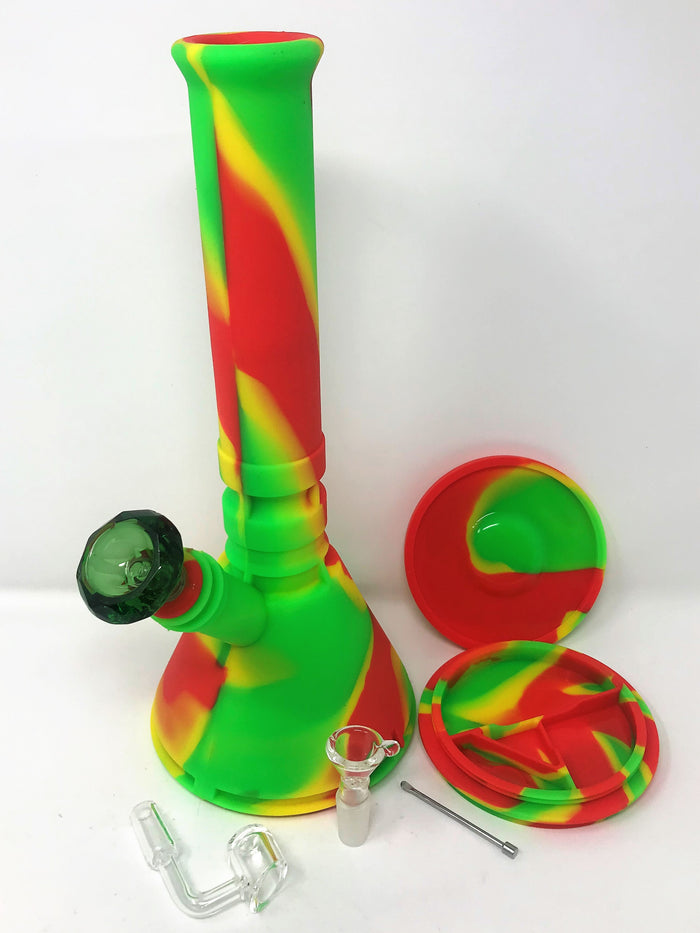 Best 12" Unbreakable Thick Silicone Beaker Bong w/Quartz Banger, Tool & 2 - Bowls Rasta Set - Last One!