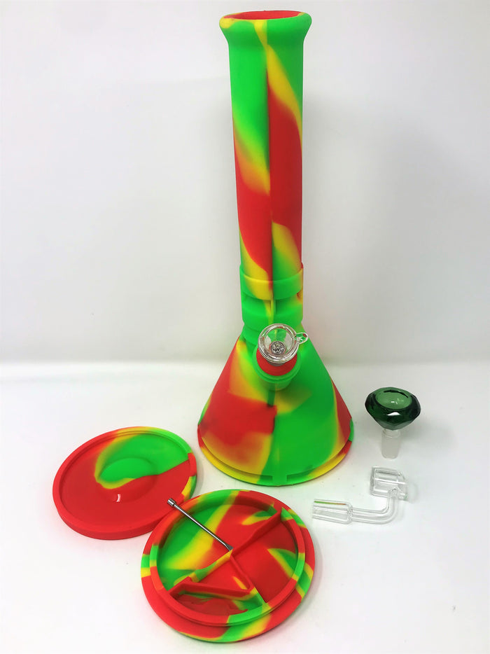 Best 12" Unbreakable Thick Silicone Beaker Bong w/Quartz Banger, Tool & 2 - Bowls Rasta Set - Last One!
