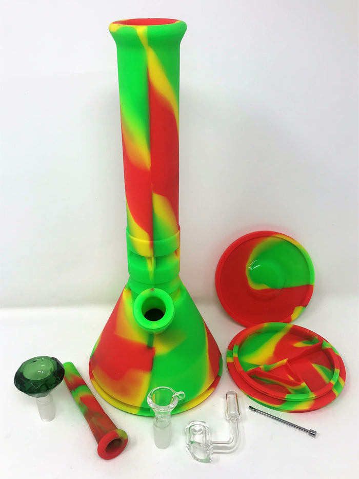 Best 12" Unbreakable Thick Silicone Beaker Bong w/Quartz Banger, Tool & 2 - Bowls Rasta Set - Last One!