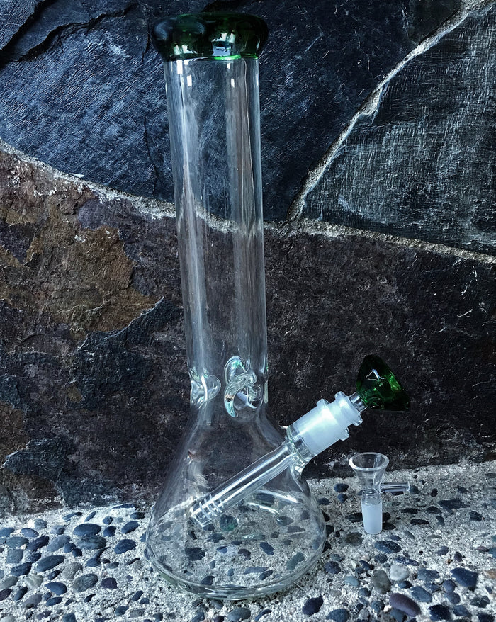 Best Thick Glass Beaker 13" Bong Pipe w/Green at Mouth Rim Green Diamond Bowl