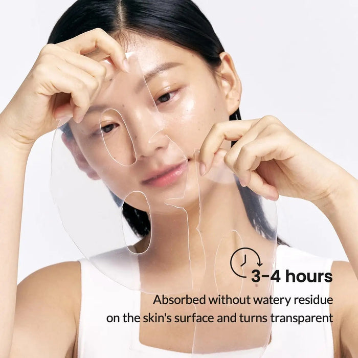 The blue and white packaging for GLOWISS's BIODANCE Hydro Cera-nol Real Deep Overnight Mask is shown, highlighting its hypoallergenic formula. A closed packet with key ingredients like glacial water, hyaluronic acid, panthenol, and ceramide is in front, set against a matching box backdrop.