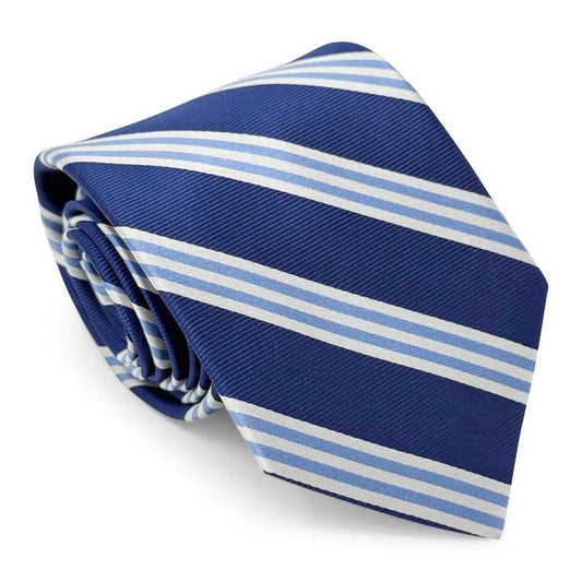 The BIRD DOG BAY - ON AIR STRIPE SILK TIE IN NAVY features diagonal light blue and white stripes on navy silk—a timeless men's wardrobe essential from BIRD DOG BAY.