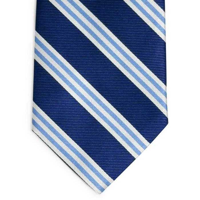 The BIRD DOG BAY - ON AIR STRIPE SILK TIE IN NAVY features diagonal light blue and white stripes on navy silk—a timeless men's wardrobe essential from BIRD DOG BAY.