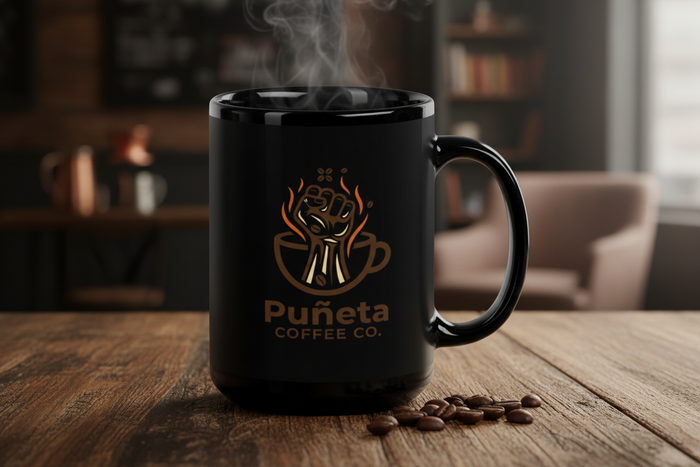Black mug with Puñeta Coffee Co. logo on a wooden table with steam rising from it.