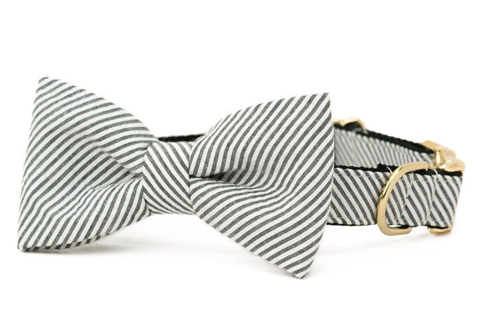 This black-and-white seersucker dog collar features a coordinating bow tie and elegant buckle, blending Southern charm with modern sophistication for your pup.