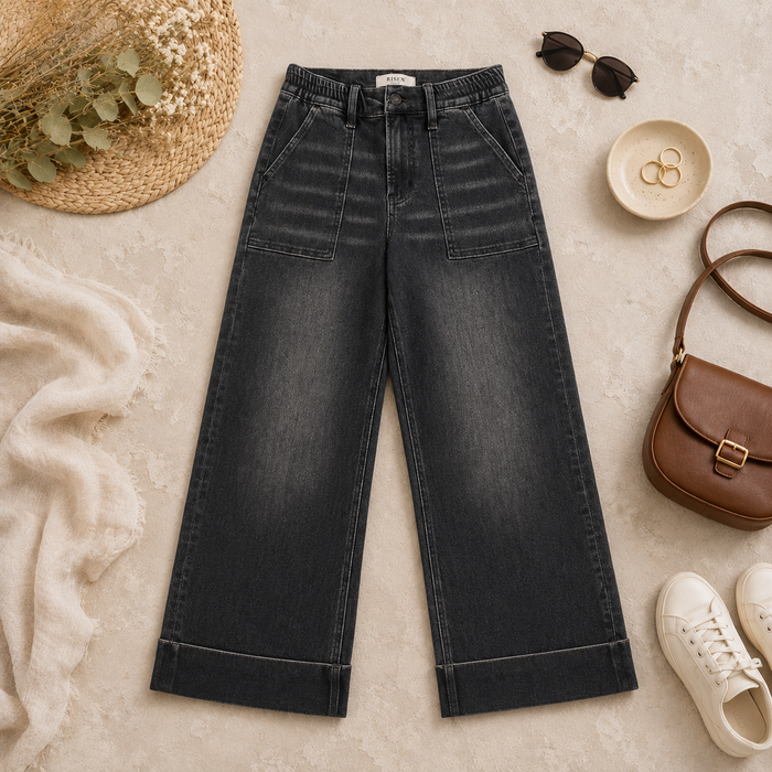 Black Washed Utility Pocket Cropped Denim