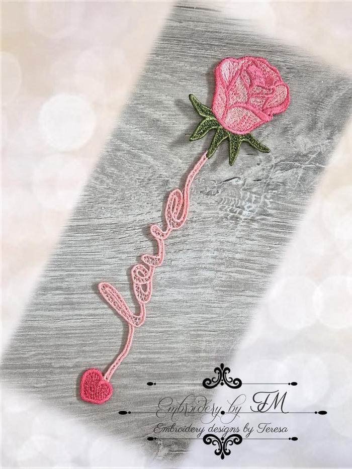 Bookmark rose with Love/ 5x7 hoop