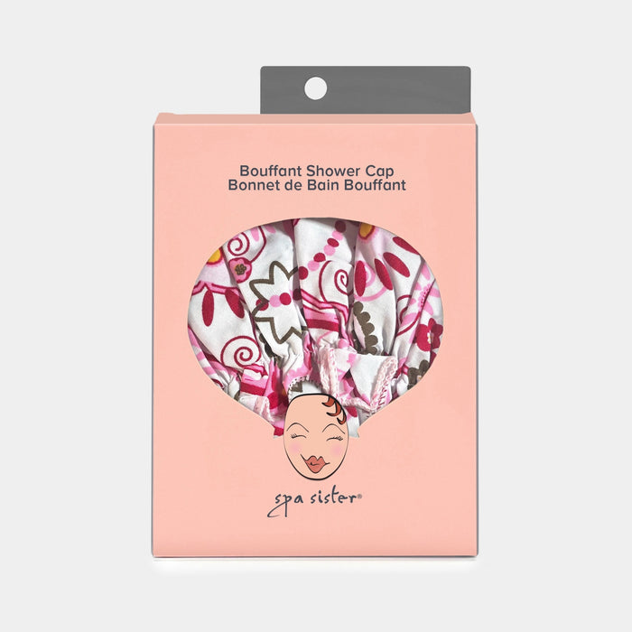 The BATH ACCESSORIES COMPANY BOUFFANT SHOWER CAP - BELLEZA features an elastic band and a pink, brown, and red floral pattern on a white background.