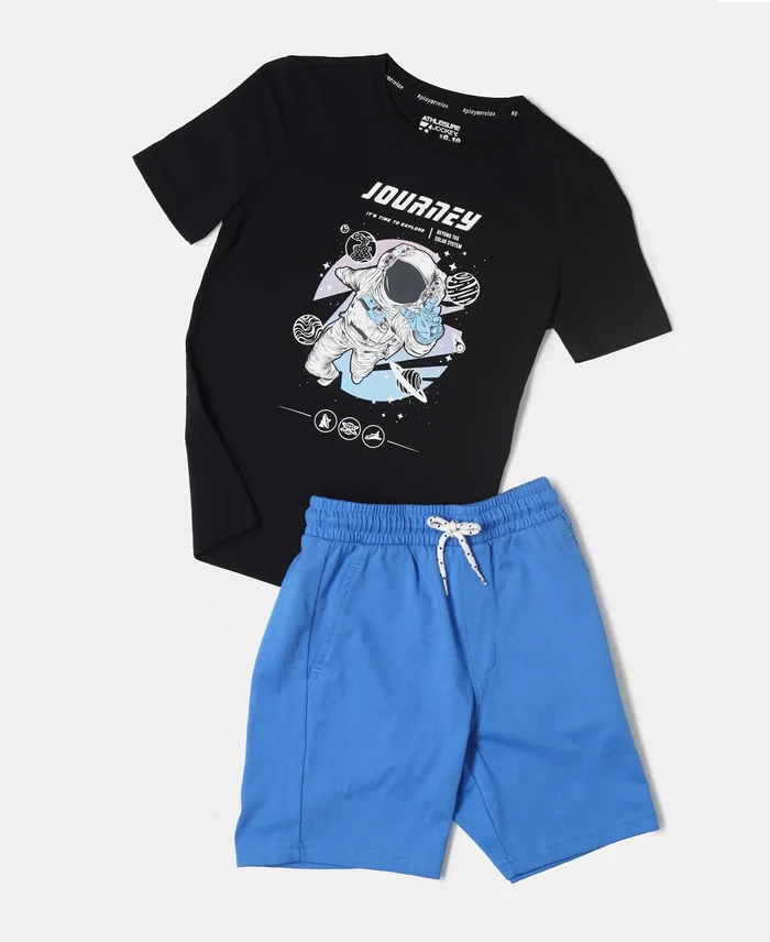 Boy's Super Combed Cotton Printed T-Shirt & Shorts Set - Assorted