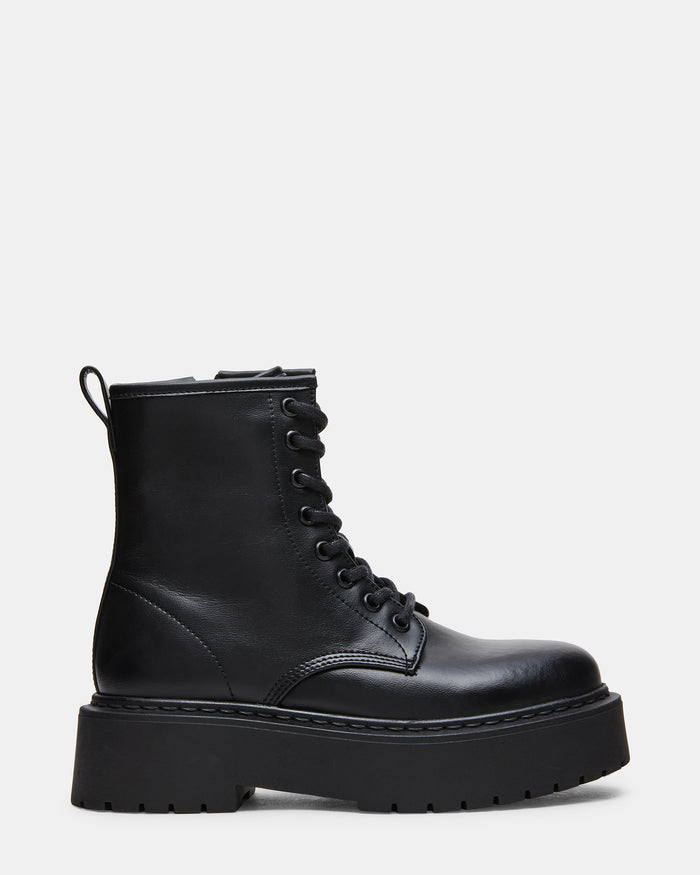 BUFFY Black Leather Lace-Up Combat Women's Ankle Boot | Steve Madden