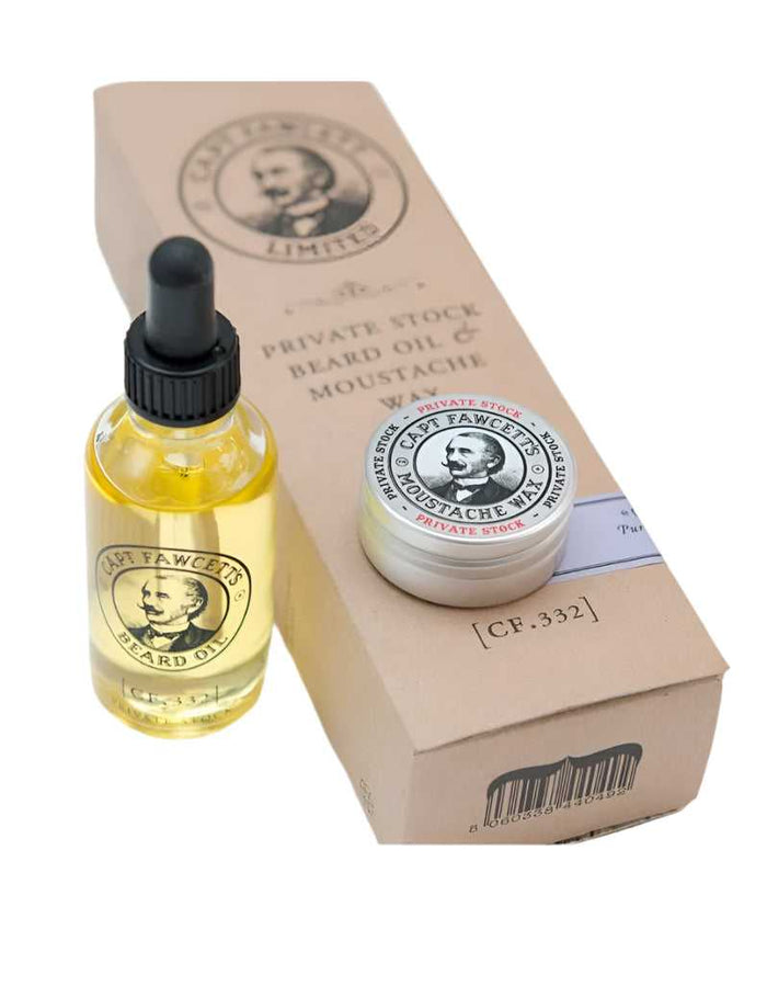 Captain Fawcett beard oil and moustache wax gift set in packaging