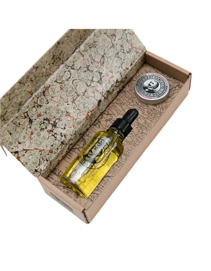 Beard care set with beard oil and moustache wax in decorative box