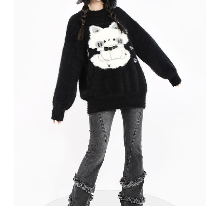Cartoon Cat Print Black Sweater