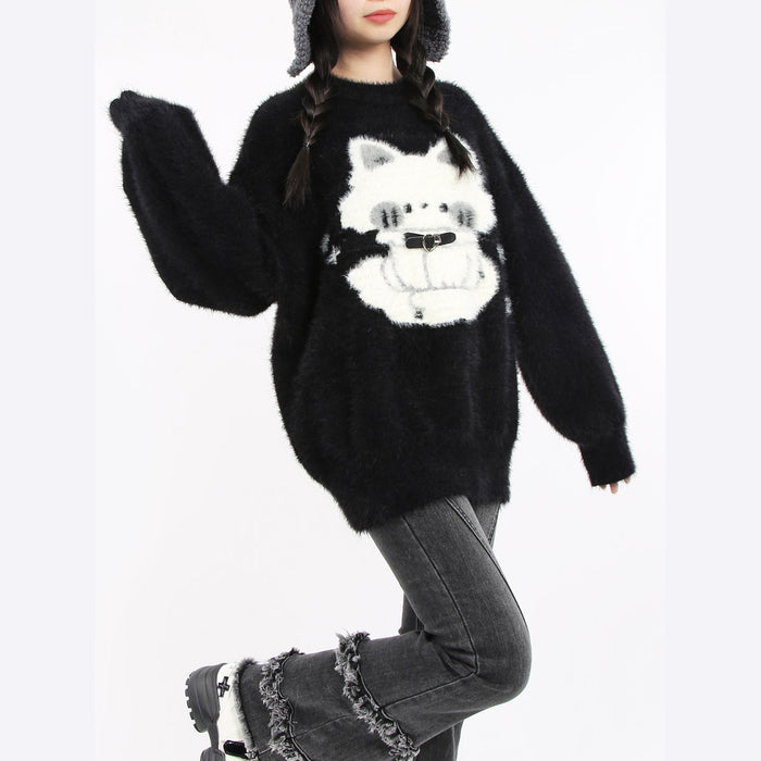 Cartoon Cat Print Black Sweater