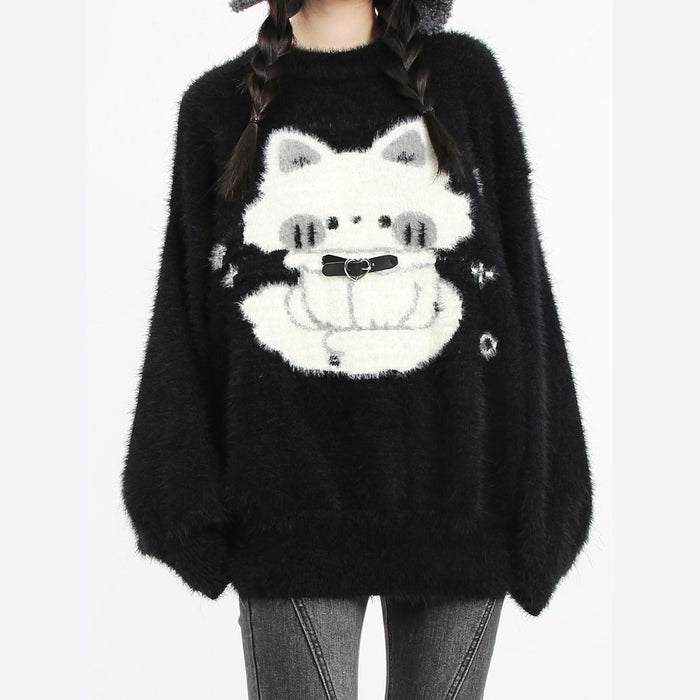 Cartoon Cat Print Black Sweater
