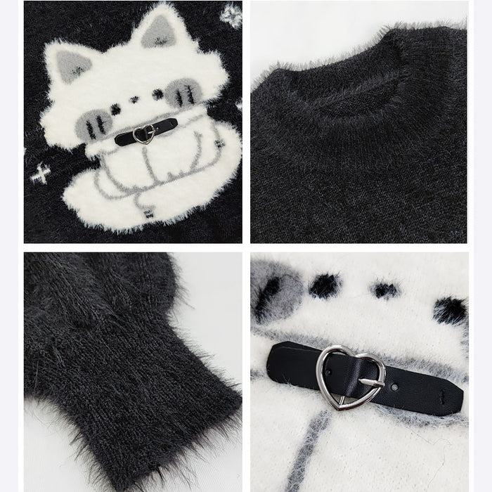 Cartoon Cat Print Black Sweater