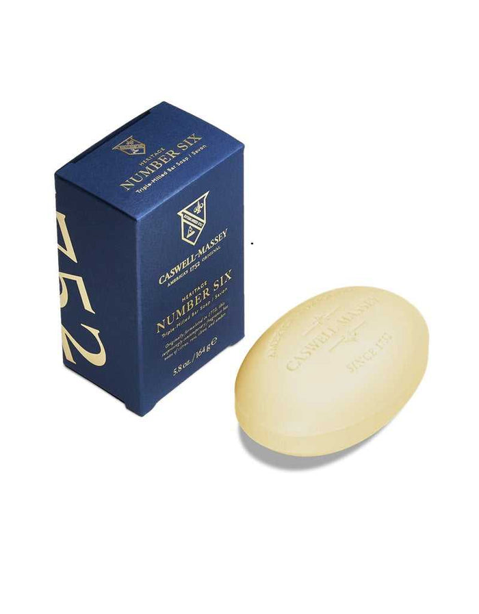 Caswell Massey Number Six triple-milled bar soap with blue packaging