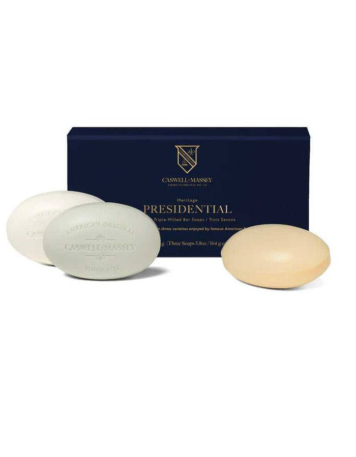 Caswell Massey Presidential triple-milled soap set with three historic-scented body soaps and navy box