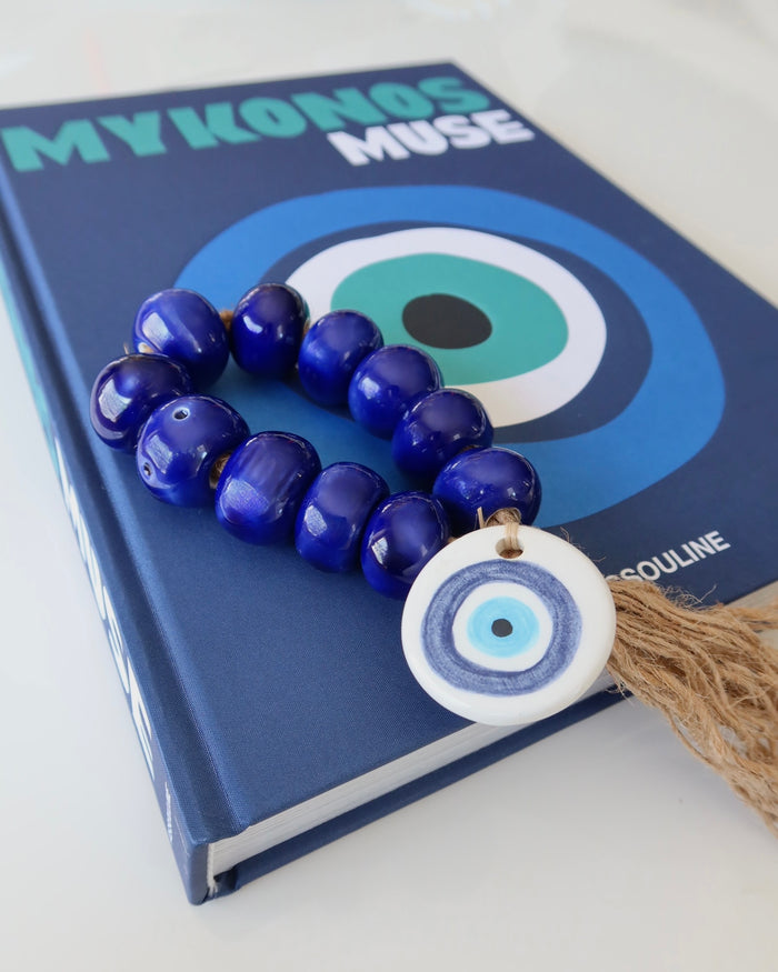 Blue ceramic hand made worry beads, crafted in Greece. Kompoloi home decor Greek worry beads