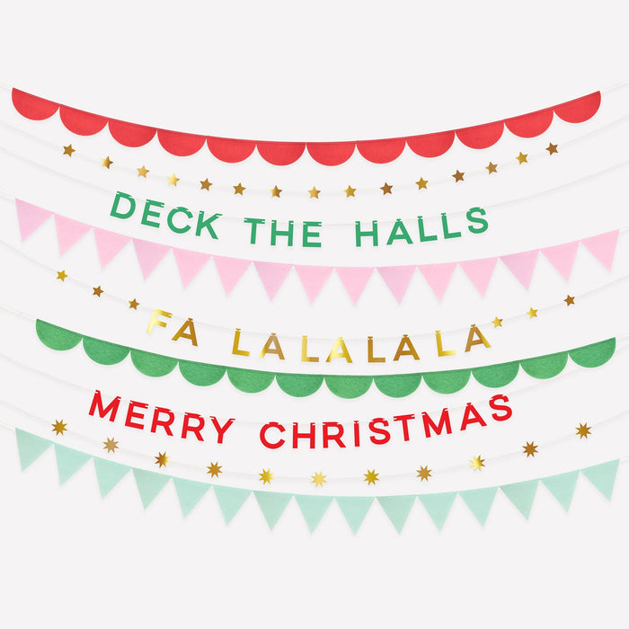 Christmas-themed decorative banner with festive text and colors on a white background.