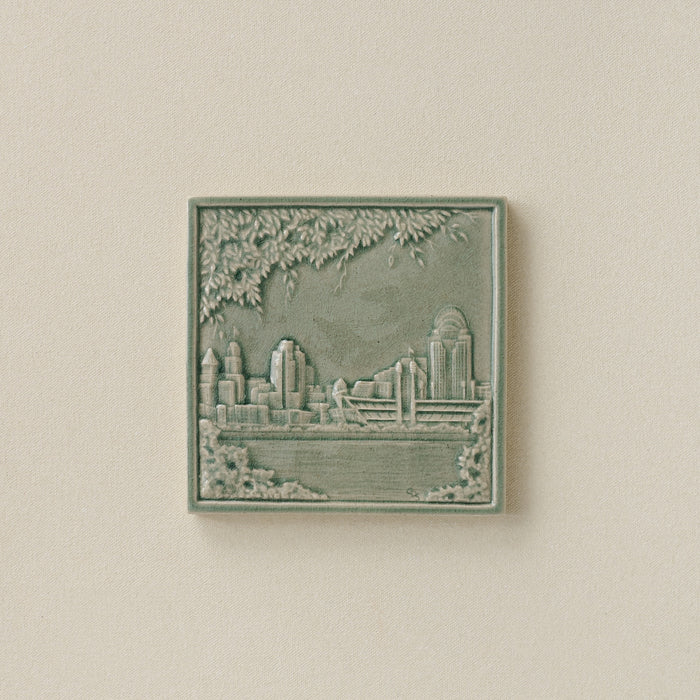 Green Rookwood City Scene art tile featuring the Cincinnati skyline, unframed