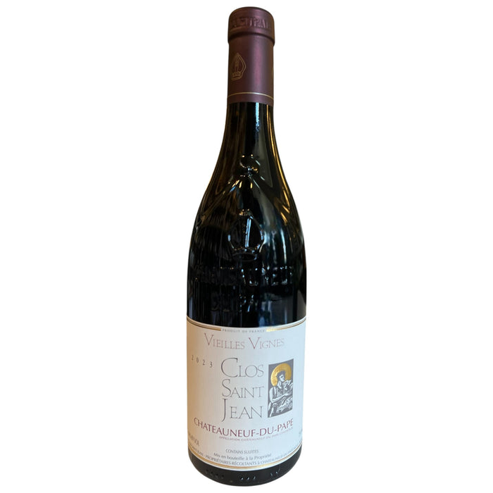 A bottle of CLOS SAINT JEAN 'VIEILLES VIGNES' CHÂTEAUNEUF-DU-PAPE 2023 by WINE: A-VIN-GARDE/BORDEAUX FINE & RARE, featuring a maroon foil capsule and a cream label with gold and black text plus a small illustration.