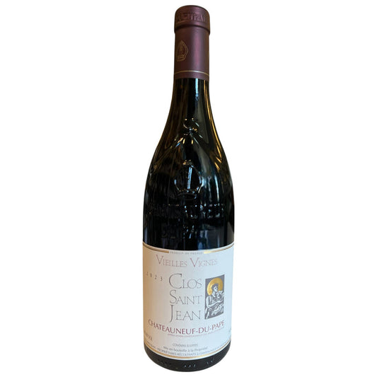 A bottle of CLOS SAINT JEAN 'VIEILLES VIGNES' CHÂTEAUNEUF-DU-PAPE 2023 by WINE: A-VIN-GARDE/BORDEAUX FINE & RARE, featuring a maroon foil capsule and a cream label with gold and black text plus a small illustration.