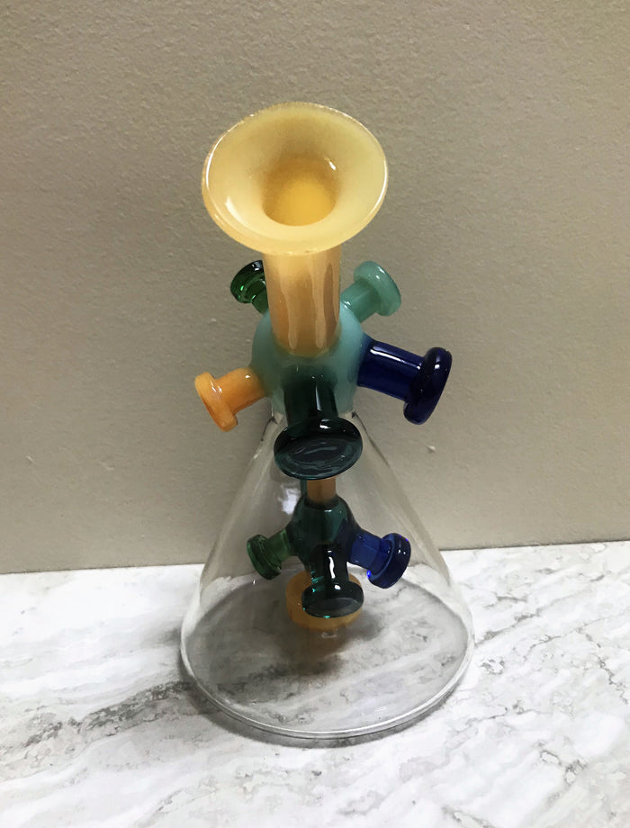 Collectible 6.5" Glass Beaker Rig with Shower Perc in Architectural Design & 2 - 14mm Slide Bowls