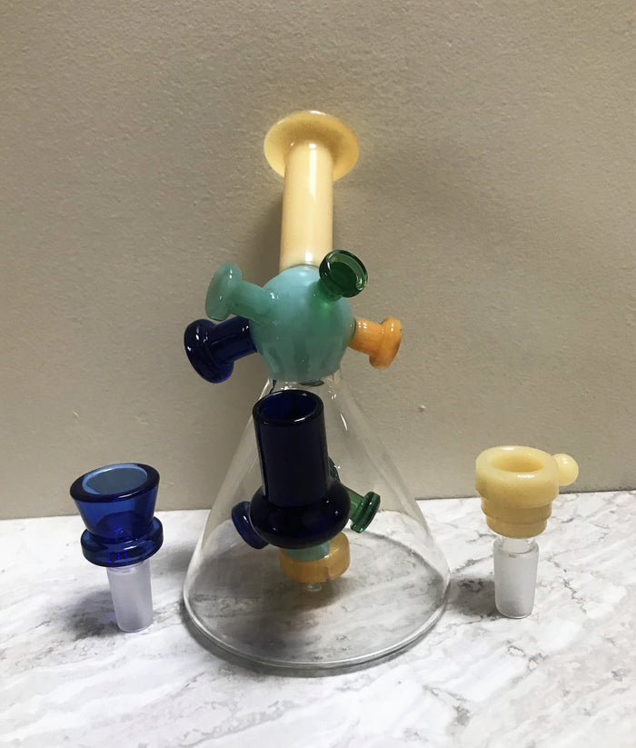 Collectible 6.5" Glass Beaker Rig with Shower Perc in Architectural Design & 2 - 14mm Slide Bowls
